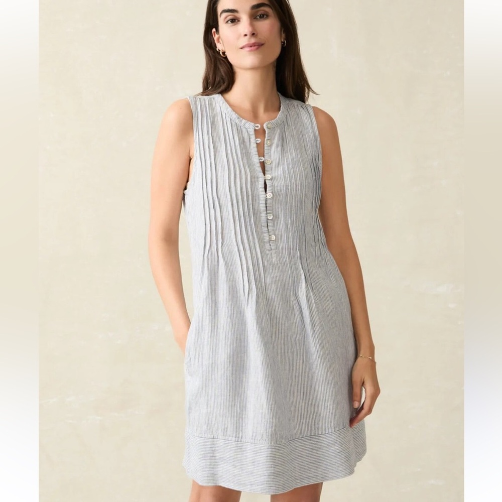 Faherty Isha 100% Linen Mini Dress blue and white stripe size S - Picture 2 of 8